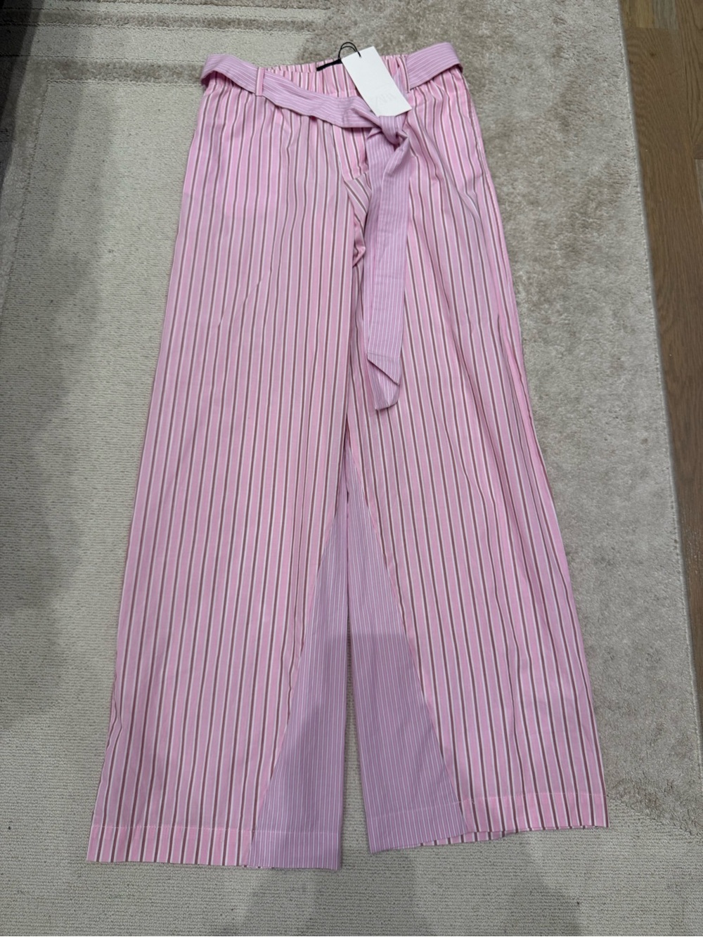 Zara Pink Striped Straight-Leg Tie-Waist Pants
